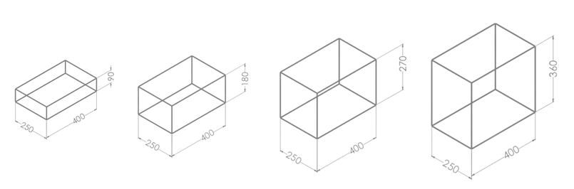 Four compartment configurations with heights of 90, 180, 270 and 360 mm; each is 250 mm wide and 400 mm deep
