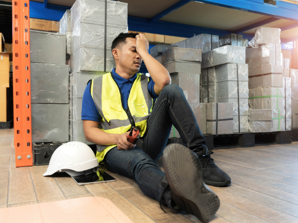 A worker seated beside stored boxes reviewing a stock problem