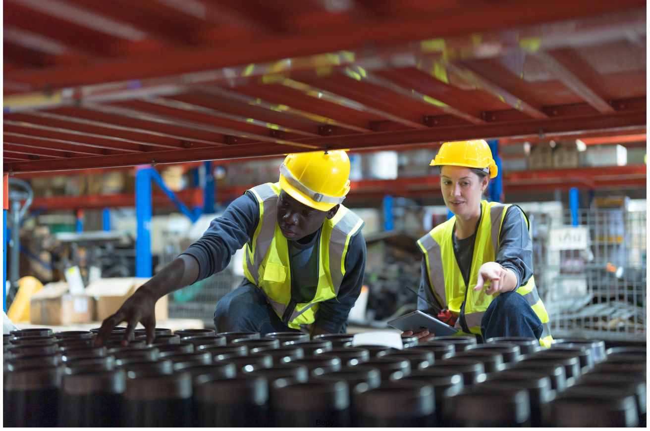 Two employees checking stock against digital records
