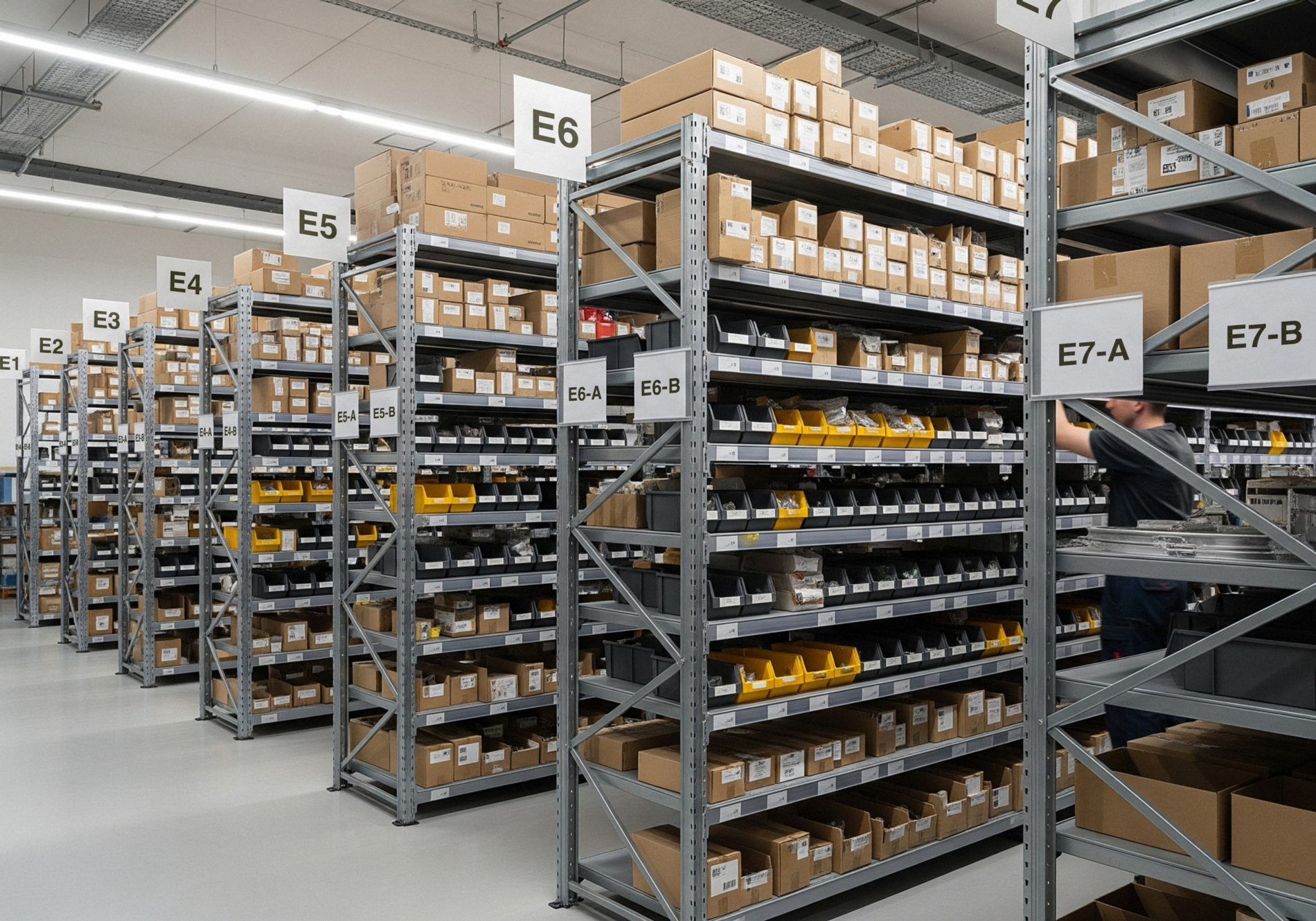 Labelled storage racks holding spare parts and boxed materials