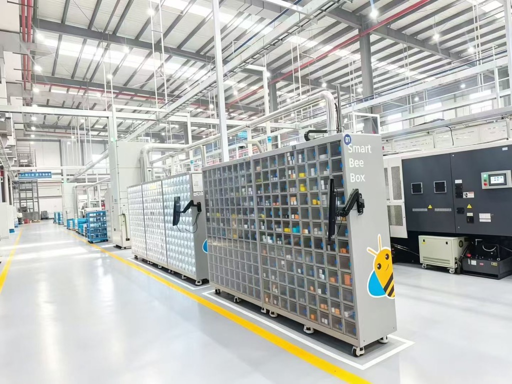 SmartBeeBox lockers installed beside production equipment