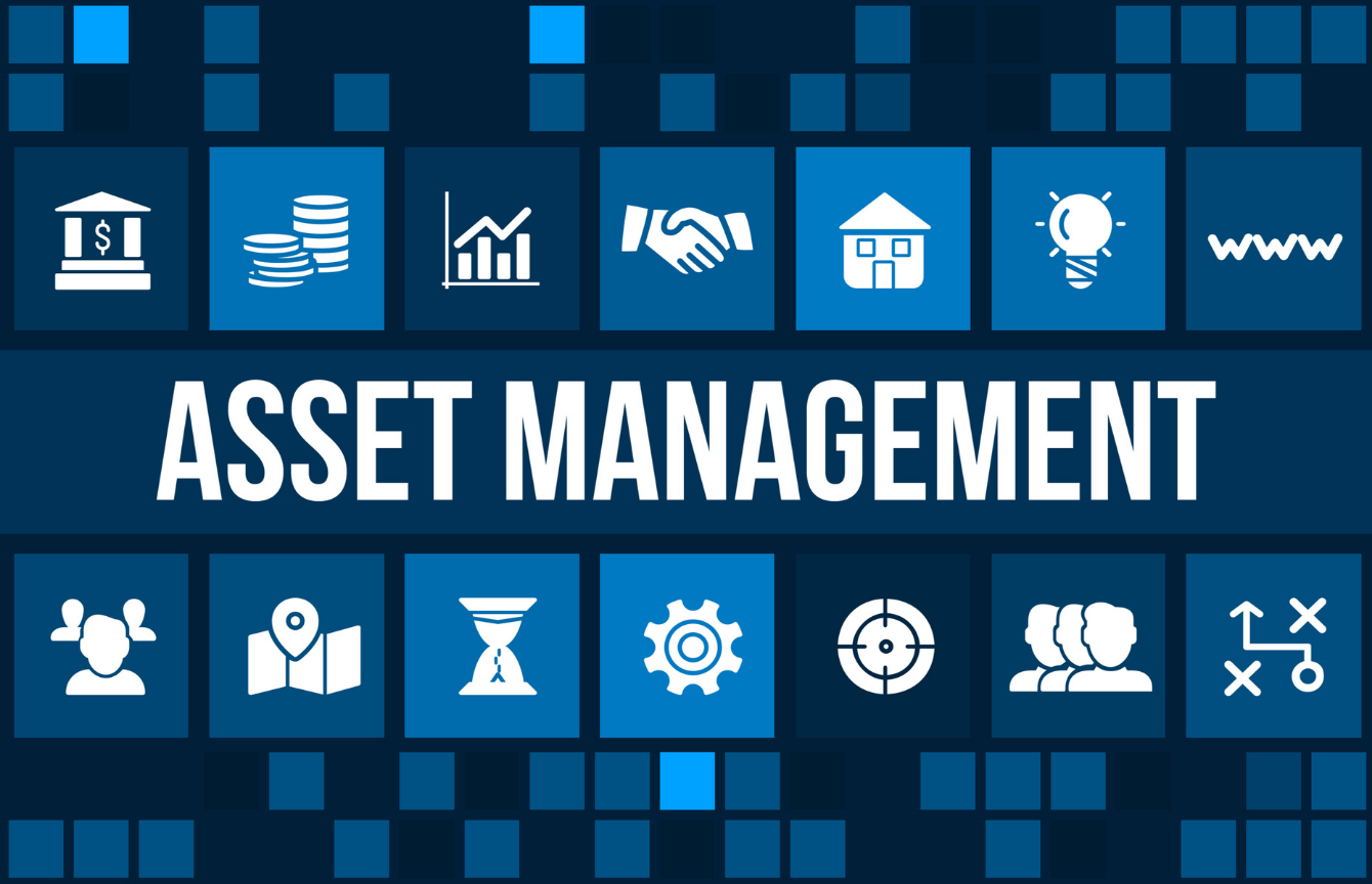 Asset management graphic showing planning, cost and maintenance symbols