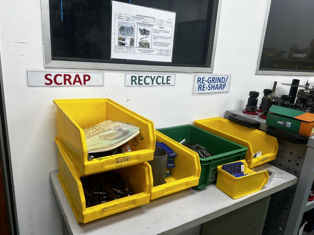 Traditional cutting tool return station with bins labelled Scrap, Recycle and Re-Grind/Re-Sharp